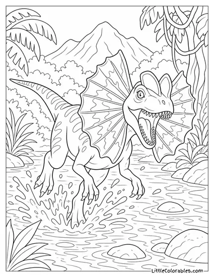 Dilophosaurus Splashing Across a Shallow Jungle Stream in Pursuit Coloring Page