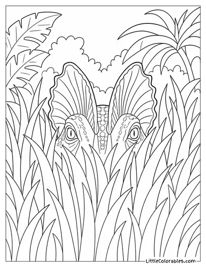 Dilophosaurus Stalking Through Tall Grass with Only Its Crests Visible Coloring Page