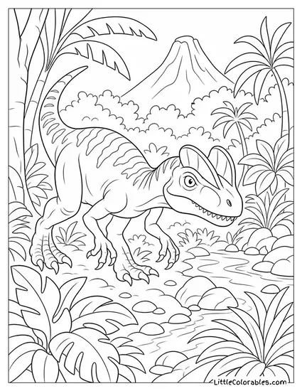 Dilophosaurus Tracking Prey Through a Dense Prehistoric Jungle Coloring Page