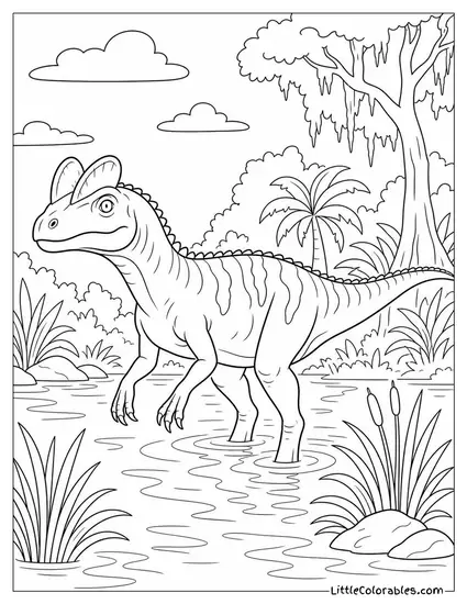 Dilophosaurus Wading Carefully Through Ankle-Deep Swamp Water Coloring Page