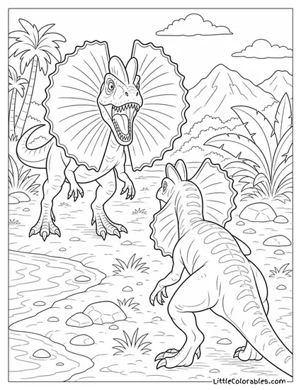 Dilophosaurus with Frills Wide Open Facing Down a Rival Intruder Coloring Page