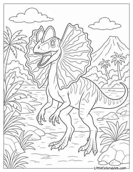 Dilophosaurus with Its Crests Flushed in Vivid Color During Courtship Coloring Page