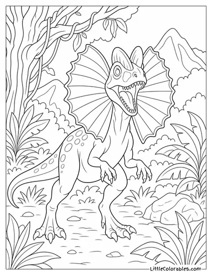 Dilophosaurus with Its Frill Mid-Unfurl in a Surprise Encounter Coloring Page