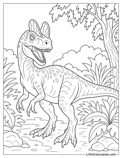 Dilophosaurus with Its Twin Head Crests Catching Dappled Sunlight Coloring Page
