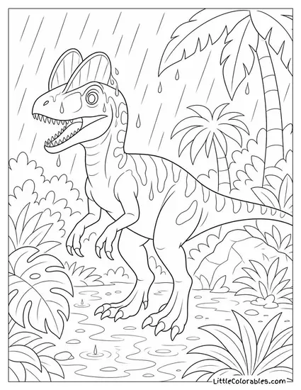 Dilophosaurus with Rain Running Off Its Crests in a Jungle Downpour Coloring Page