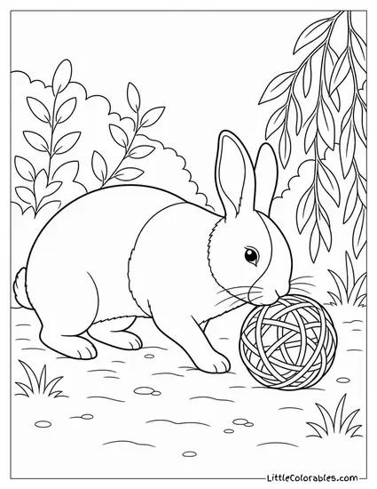 Dutch Rabbit at a Willow Ball Toy Pushing It with Its Nose Coloring Page