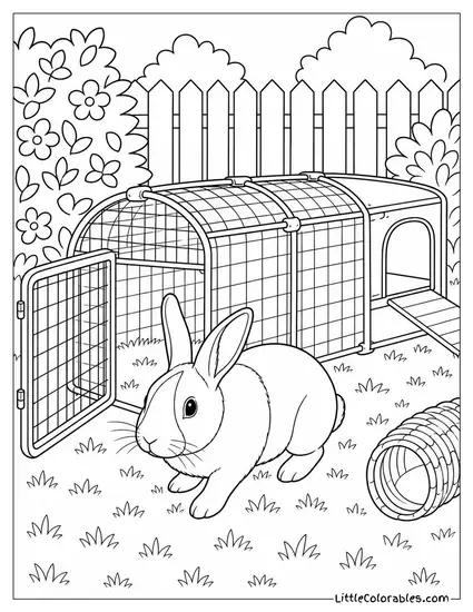 Dutch Rabbit Exploring a Rabbit Run on a Garden Lawn Coloring Page