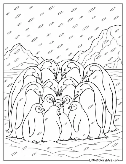 Emperor Penguin Colony Huddled Together in an Antarctic Blizzard Coloring Page