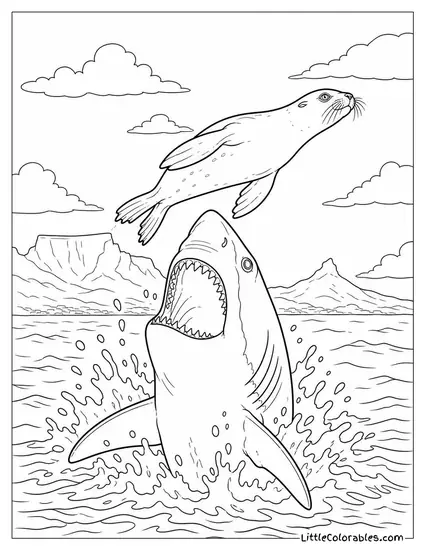 Great White Shark Breaching After a Cape Fur Seal Near False Bay Coloring Page
