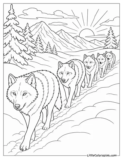Grey Wolf Pack Running in Single File Through Deep Snow at Dawn Coloring Page