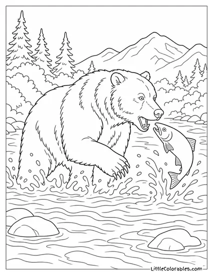Grizzly Bear Standing in a River Catching a Leaping Salmon Coloring Page