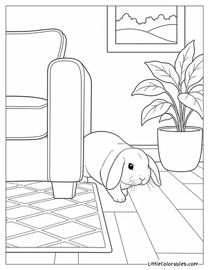 Holland Lop Exploring Behind a Sofa in a Living Room Coloring Page