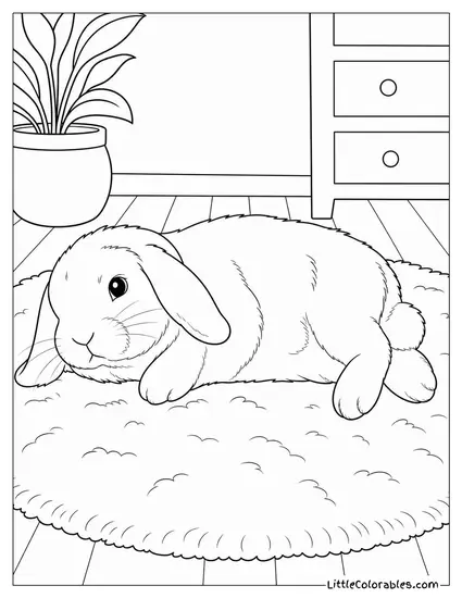 Holland Lop Rabbit Flopped on Its Side on a Soft Rug Coloring Page
