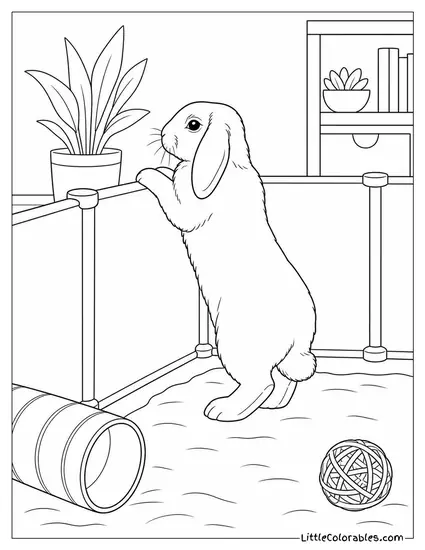 Holland Lop Rabbit Periscoping on Its Hind Legs to See Over a Playpen Wall Coloring Page