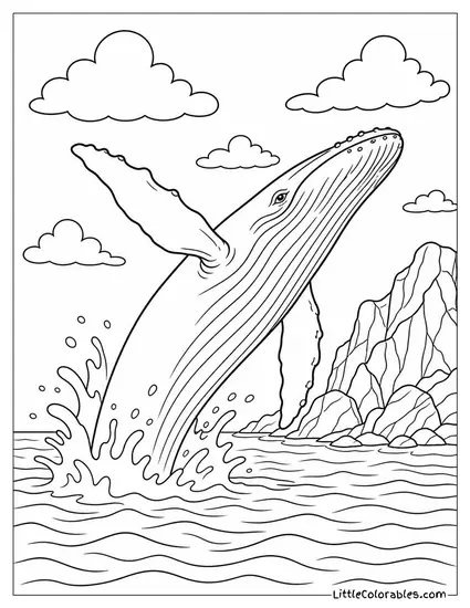 Humpback Whale Breaching Completely Beside a Rocky Coastline Coloring Page