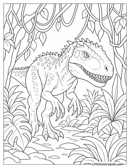 Indominus Rex Blending into Shadows Beneath a Canopy of Vines Coloring Page