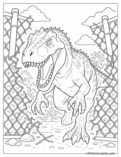 Indominus Rex Breaking Through a Chain-Link Barrier Coloring Page