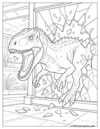 Indominus Rex Cracking Through a Thick Reinforced Glass Wall Coloring Page