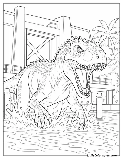 Indominus Rex Emerging from Murky Water Near a Loading Dock Coloring Page
