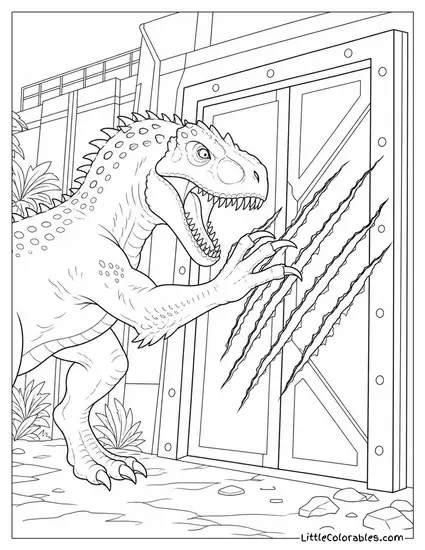 Indominus Rex Leaving Deep Claw Marks Across a Metal Door Coloring Page