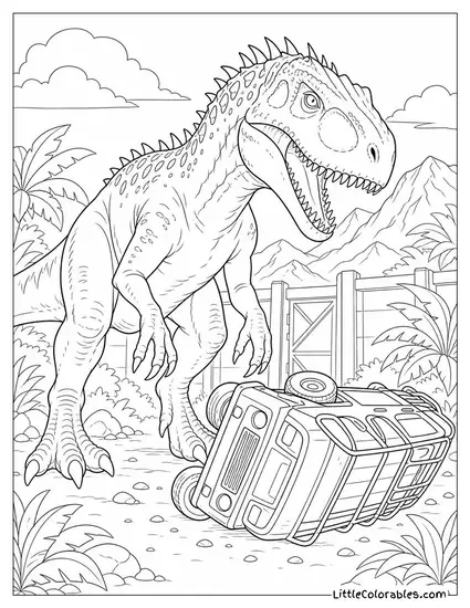 Indominus Rex Looming Over a Toppled Park Vehicle Coloring Page