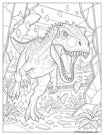 Indominus Rex Lunging Through a Shattered Glass Enclosure Coloring Page