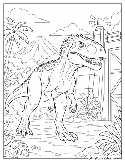 Indominus Rex Pausing Mid-Stride as Alarms Blare in the Distance Coloring Page