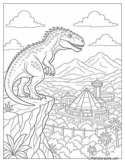 Indominus Rex Perched on a Cliff Overlooking a Research Facility Coloring Page