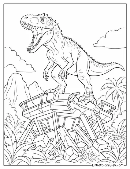Indominus Rex Roaring Atop a Collapsed Watchtower Coloring Page
