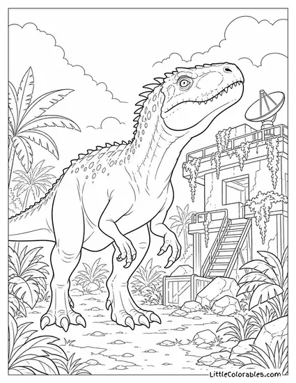 Indominus Rex Sniffing the Air Near an Abandoned Jungle Outpost Coloring Page