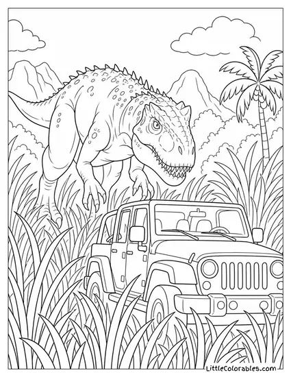 Indominus Rex Stalking a Jeep Through Tall Overgrown Grass Coloring Page