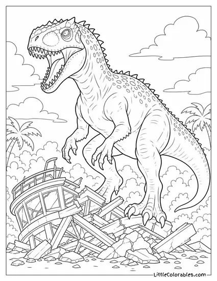 Indominus Rex Standing Over a Wrecked Observation Tower Coloring Page