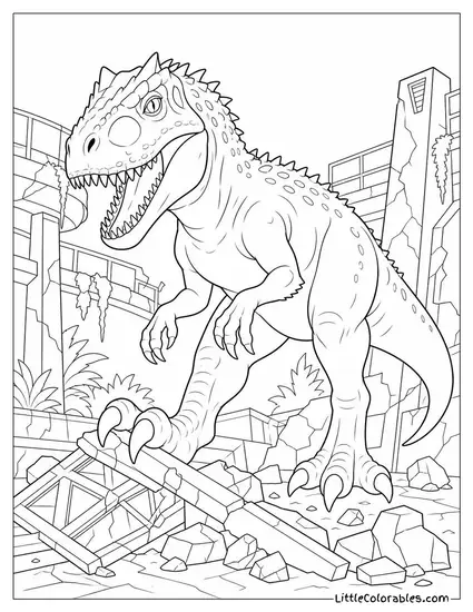 Indominus Rex Stepping Over Fallen Debris in a Ruined Facility Coloring Page