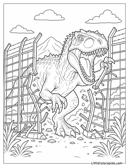 Indominus Rex Tearing Down a Tall Security Fence Coloring Page
