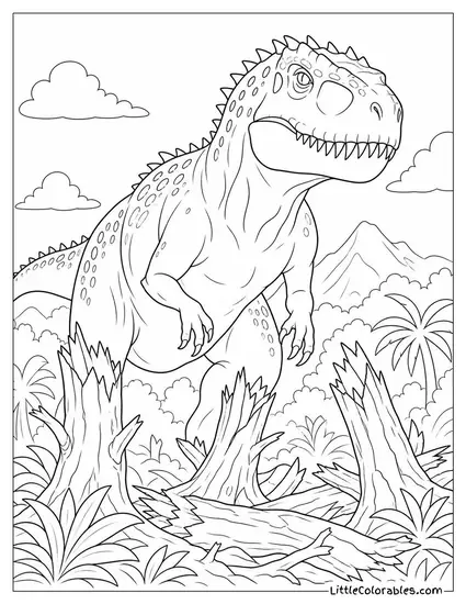 Indominus Rex Towering Silently Behind a Row of Broken Trees Coloring Page