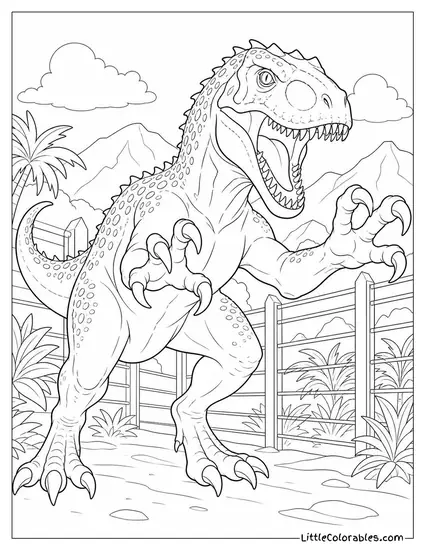 Indominus Rex with Claws Raised Mid-Strike Against a Fence Coloring Page