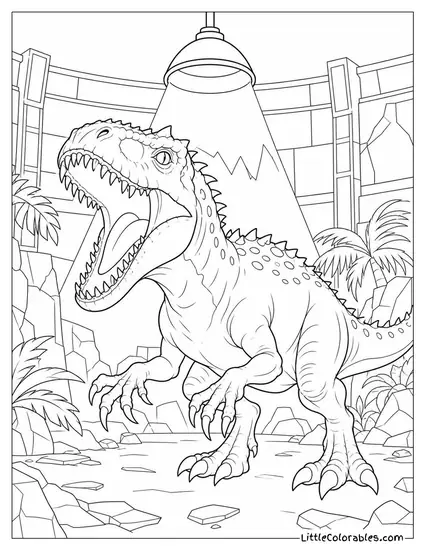 Indominus Rex with Jaws Wide Open Beneath a Flickering Spotlight Coloring Page