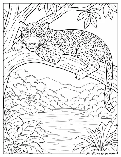 Jaguar Lying Along a Branch Above a South American River Coloring Page