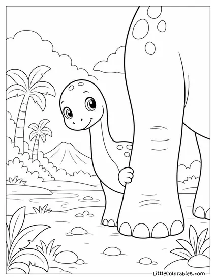 Kawaii Baby Brachiosaurus Peeking Shyly from Behind Its Parent's Leg Coloring Page