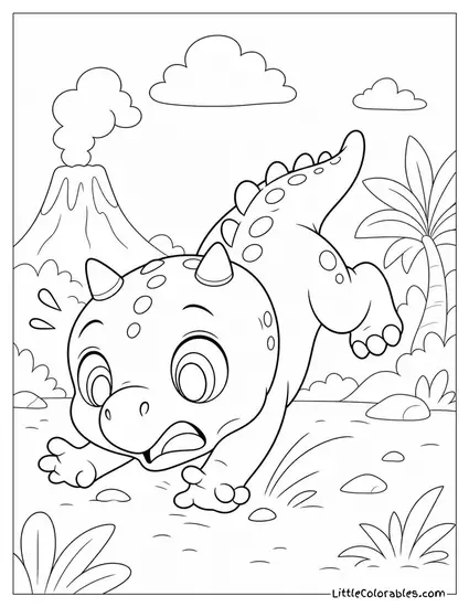 Kawaii Baby Carnotaurus Tripping Over Its Own Tiny Arms Coloring Page