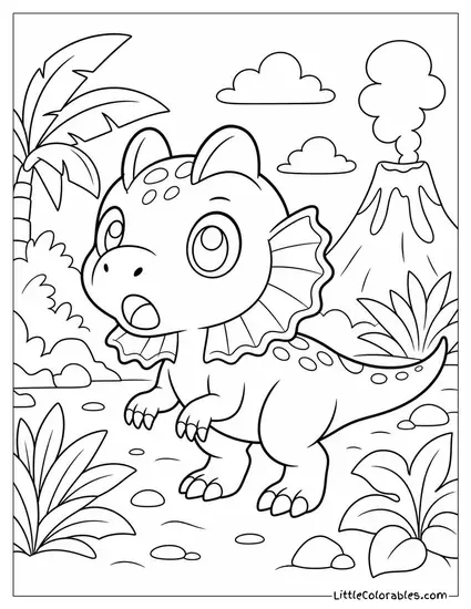 Kawaii Baby Dilophosaurus with a Tiny Frill and a Surprised Expression Coloring Page