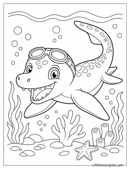 Kawaii Baby Mosasaurus Wearing Swim Goggles and a Big Smile Coloring Page