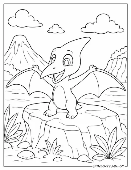 Kawaii Baby Pterodactyl Learning to Flap Its Wings for the First Time Coloring Page