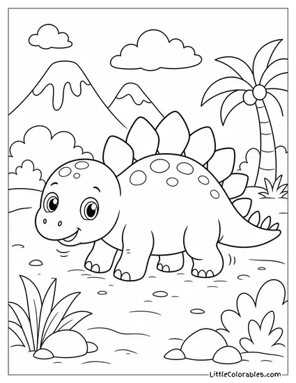 Kawaii Baby Stegosaurus Wobbling on Tiny Unsteady Legs Coloring Page