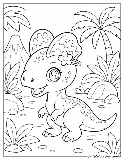 Kawaii Dilophosaurus Hatchling with Crests as a Tiny Hair Accessory Coloring Page