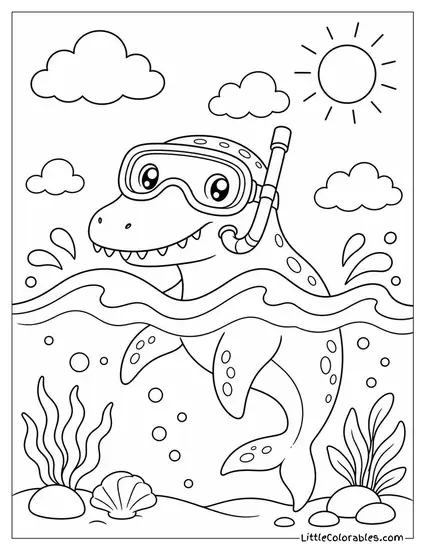 Kawaii Mosasaurus Wearing a Tiny Snorkel Peeking Above a Wave Coloring Page