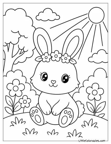 Kawaii Rabbit in a Tiny Flower Crown Sitting in a Sunbeam Coloring Page