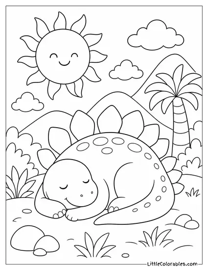 Kawaii Stegosaurus Napping Curled Up Beside a Smiling Sun Coloring Page