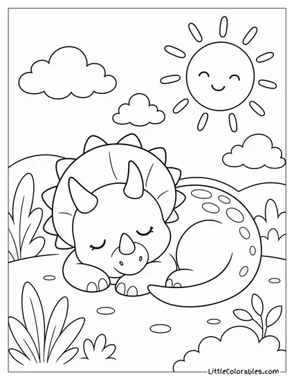 Kawaii Triceratops Curled Up Napping Beside a Smiling Sun Coloring Page