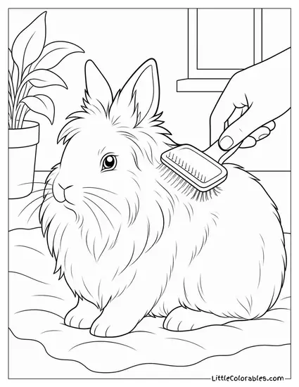 Lionhead Rabbit Being Brushed Carefully with a Soft Slicker Brush Coloring Page